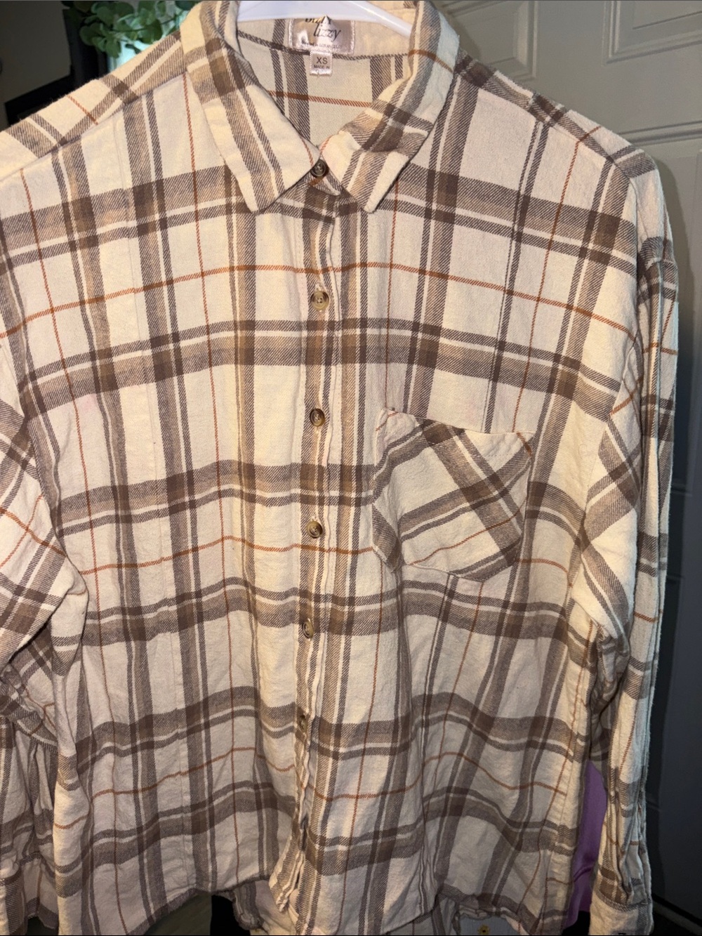 Dizzy Lizzy Plaid flannel Button-Up Shirt in Cream and Brown  XS